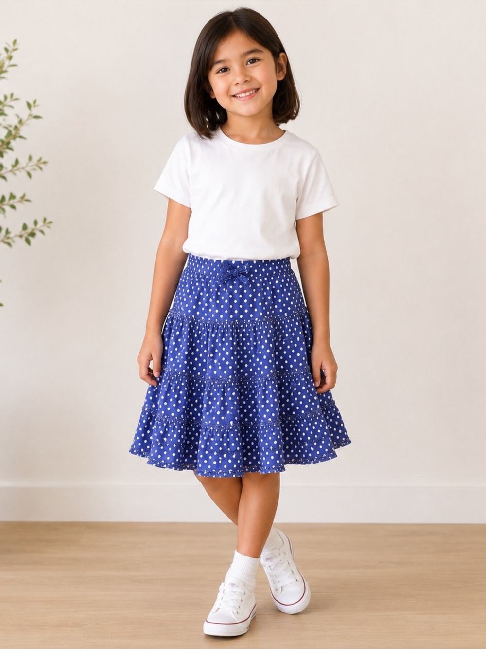 Mini Boden Girls Blue White Polka Dot Tiered Twirl Skirt Size 4-5Y